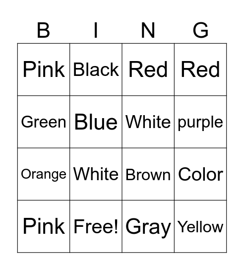 Colors Bingo Card