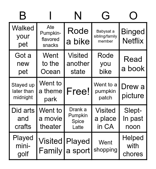 Mr. Pence: Fall Break Bingo Card