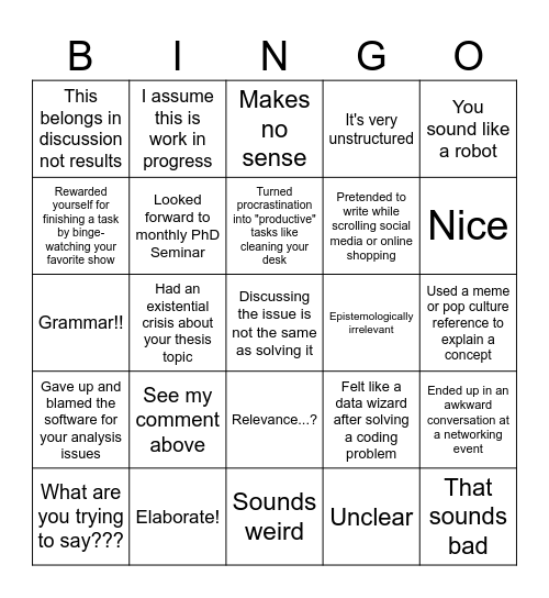 PhD Bingo Card