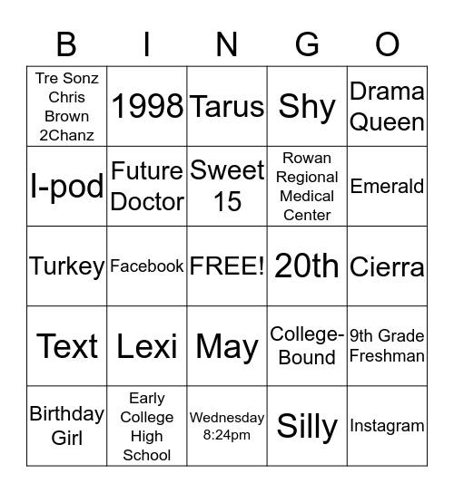 Alexus Bingo Card