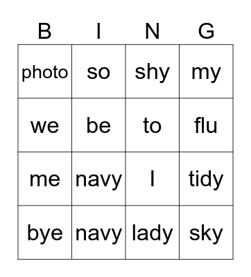 Open Syllable Words Bingo Card