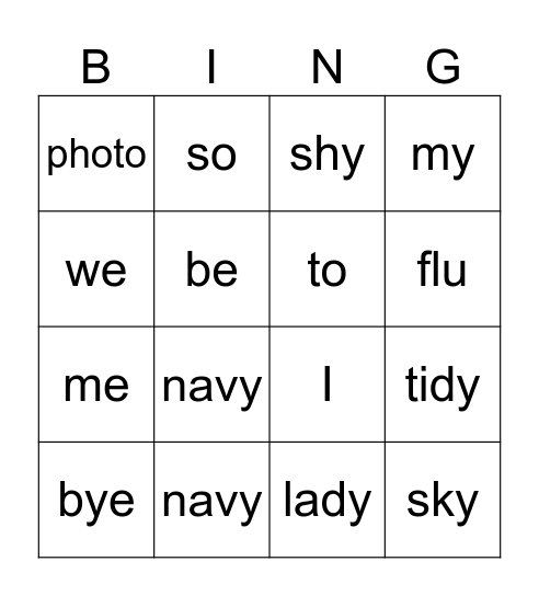 Open Syllable Words Bingo Card