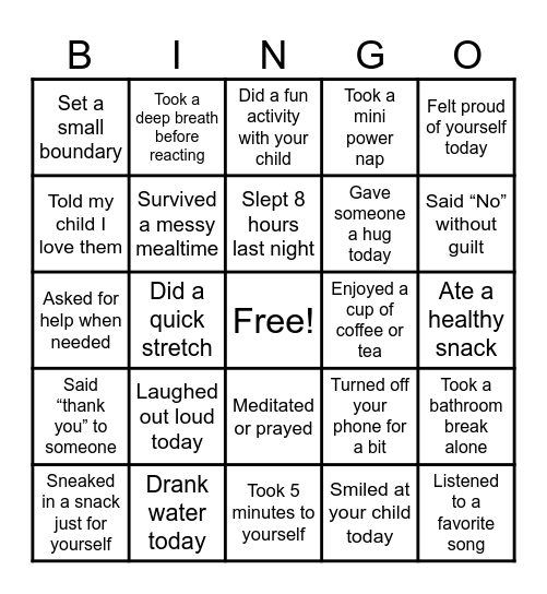 Parent Wellness Bingo Card