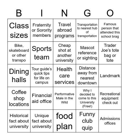 AVID 12 College Tour Bingo Card