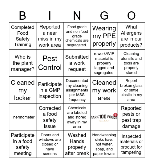 Food Safety Bingo Card