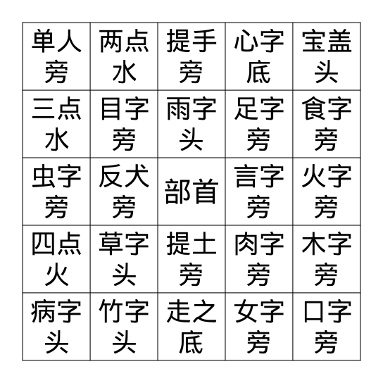 部首宾果 Bingo Card