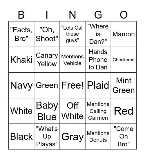 Controls Dept. Bingo Card