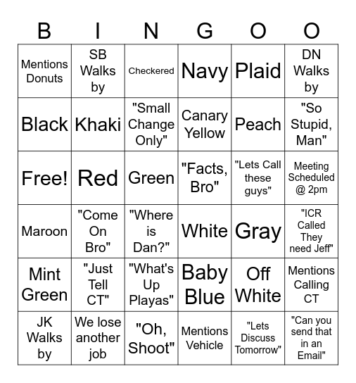 Controls Dept. Bingo Card