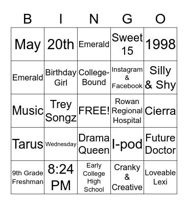 Alexus Bingo Card