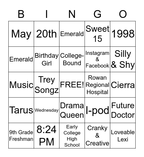 Alexus Bingo Card