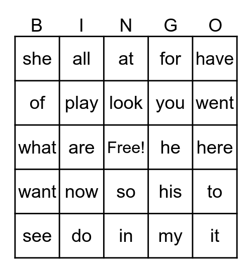 High Frequency Words Bingo Card