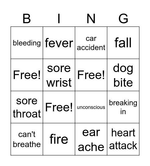 Emergencies and Non-emergencies Bingo Card