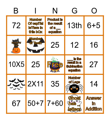 October Math Bingo Card