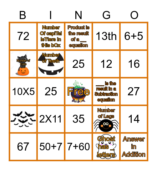 October Math Bingo Card