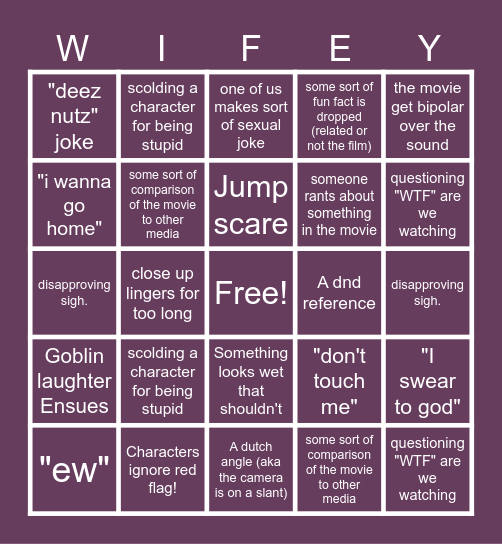 Wifey Horror Movie Card Bingo Card