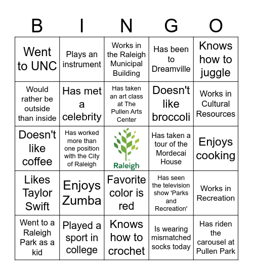 Raleigh Parks and Rec Connect Bingo Card