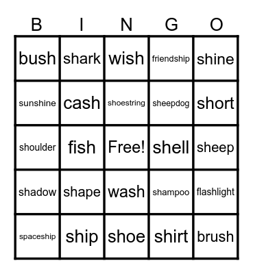 sh phonics Bingo Card