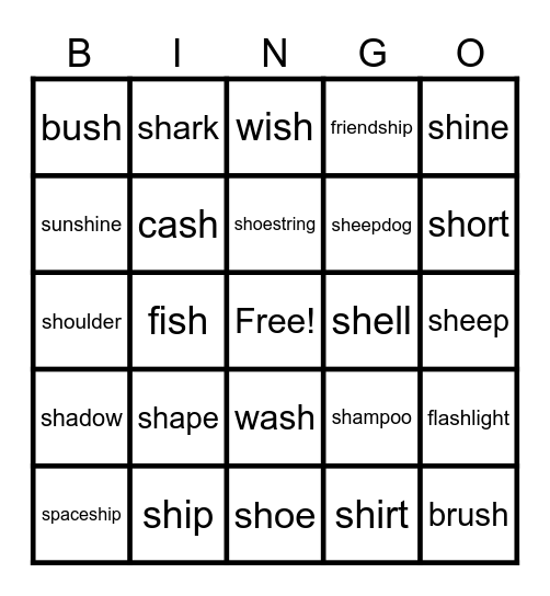 sh phonics Bingo Card