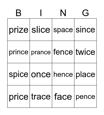 _ce Words Bingo Card