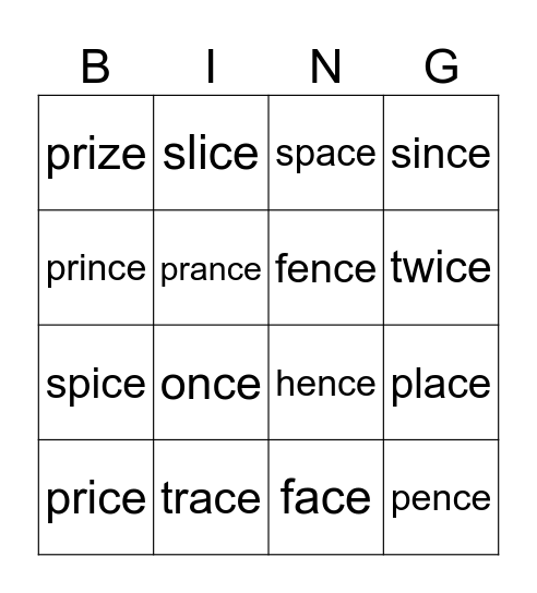 _ce Words Bingo Card