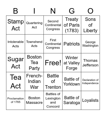 The American Revolution Bingo Card