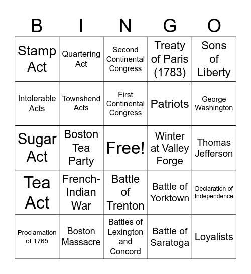 The American Revolution Bingo Card