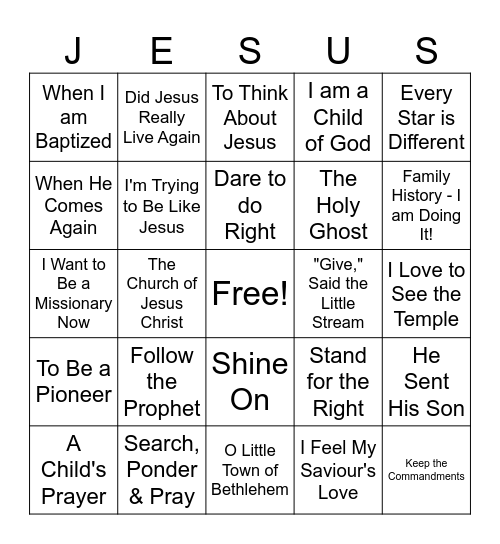 Primary Music Time Bingo Card