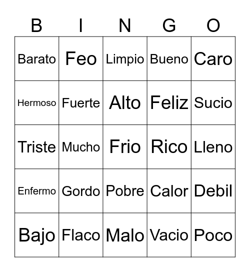 Adjetivos Bingo Card