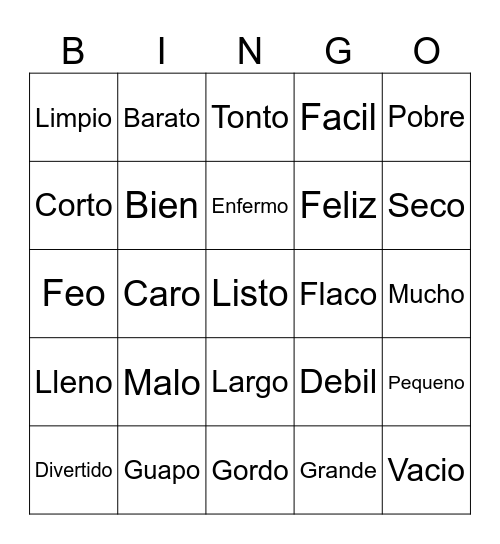 Adjetivos Bingo Card