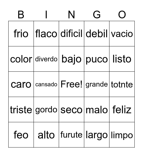 adjetvios Bingo Card