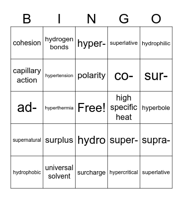 English/Science Vocab Bingo Card
