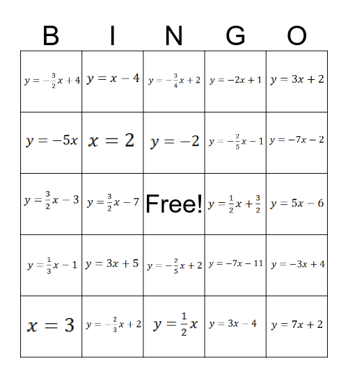 Slope- Intercept Equations Bingo Card