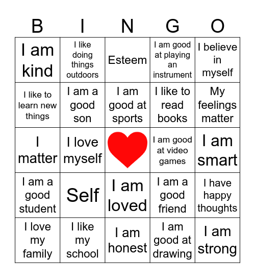 Self-Esteem Bingo Card