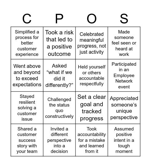 Core Values BINGO Card