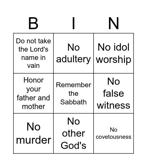 Ten Commandments Bingo!!!! Bingo Card