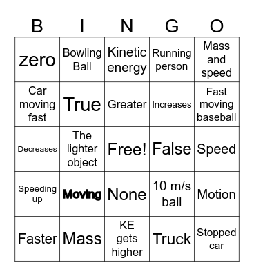 Kinetic Energy Bingo Card