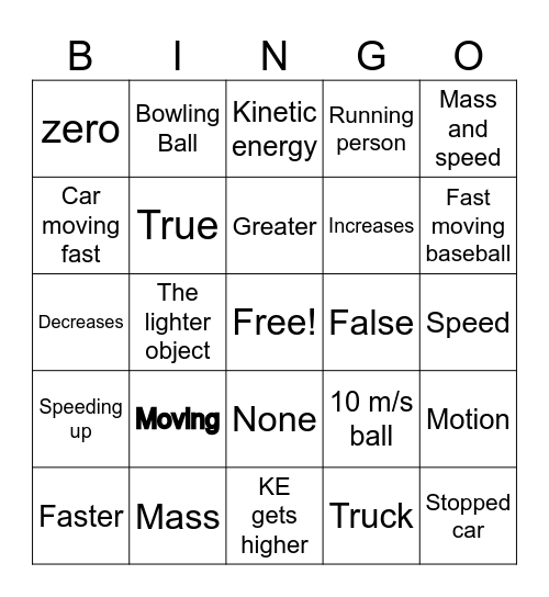 Kinetic Energy Bingo Card