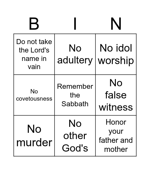 Ten Commandments Bingo!!!! Bingo Card