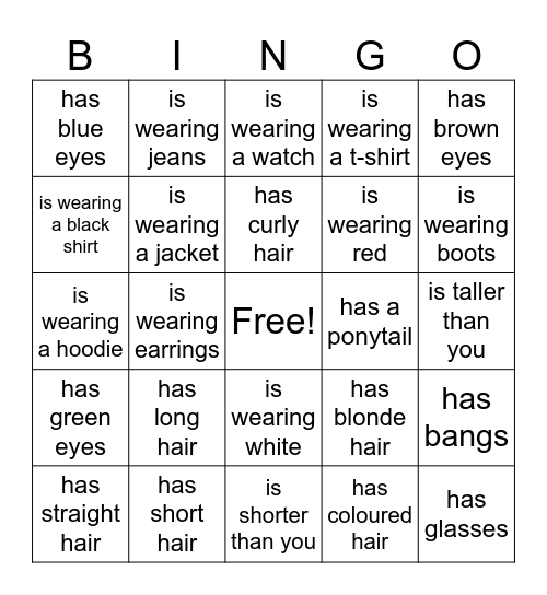 Physical Descriptions 1 Bingo Card