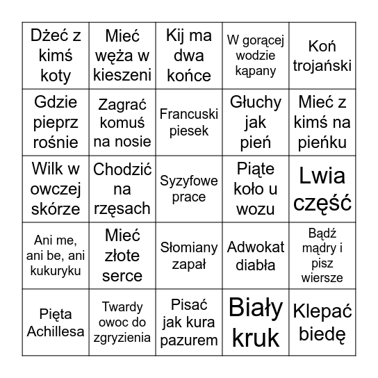 Związki frazeologiczne Bingo Card