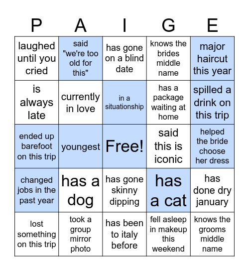 Paige's Bachelorette Bingo Card