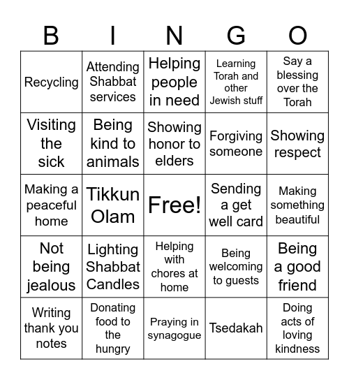 Mitzvah Bingo Card