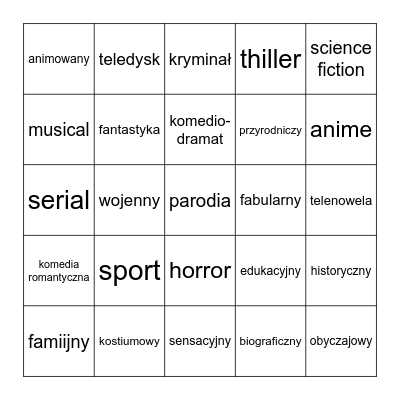 Gatunki filmowe Bingo Card