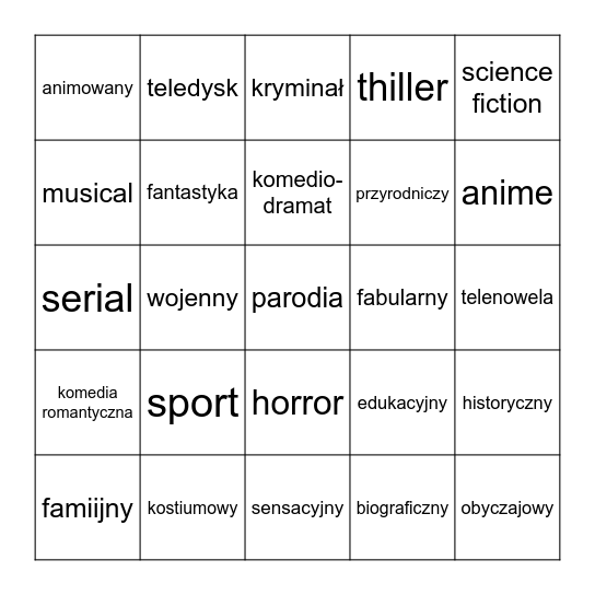 Gatunki filmowe Bingo Card