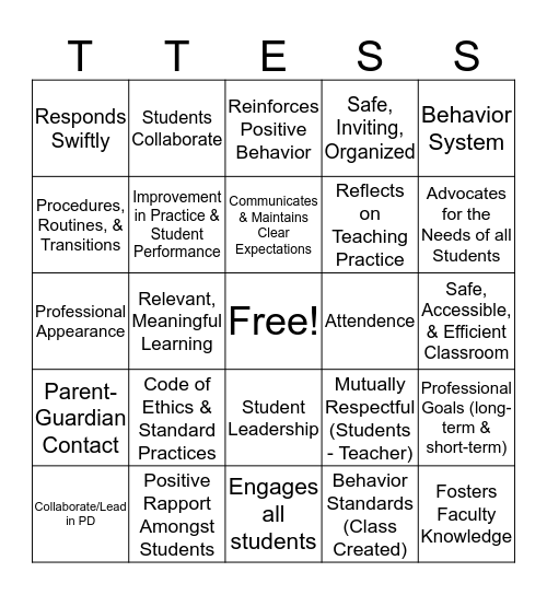 T-TESS Bingo Card