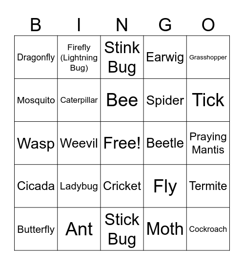 Bug Bingo! Bingo Card