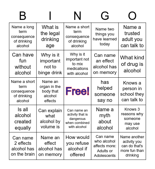 Alcohol Awareness Bingo Card