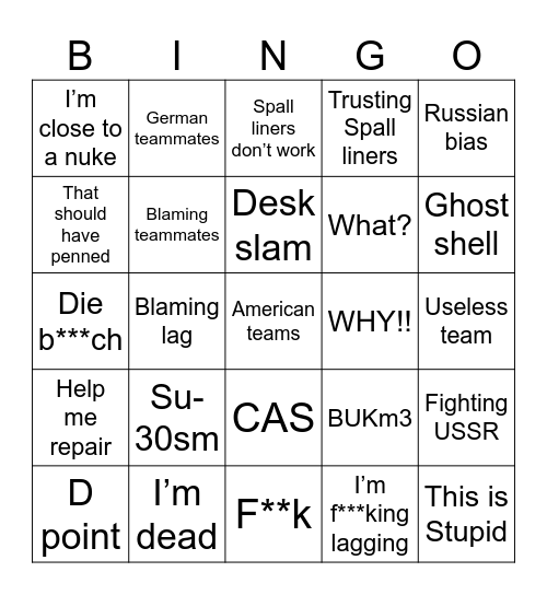 Jayfeather playing Warthunder Bingo Card