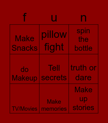 SLEEP OVER Bingo Card