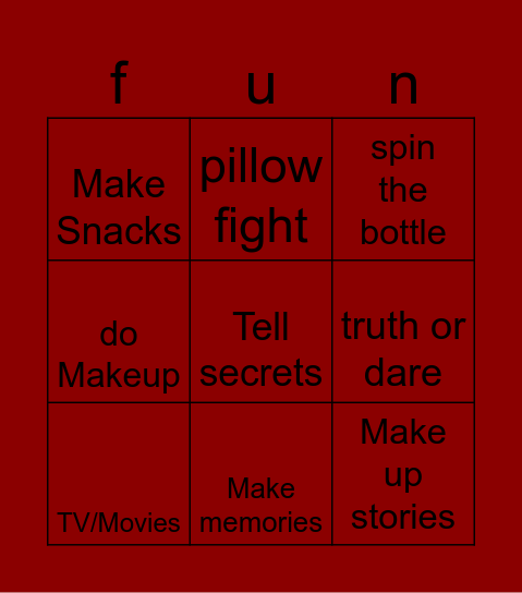 SLEEP OVER Bingo Card